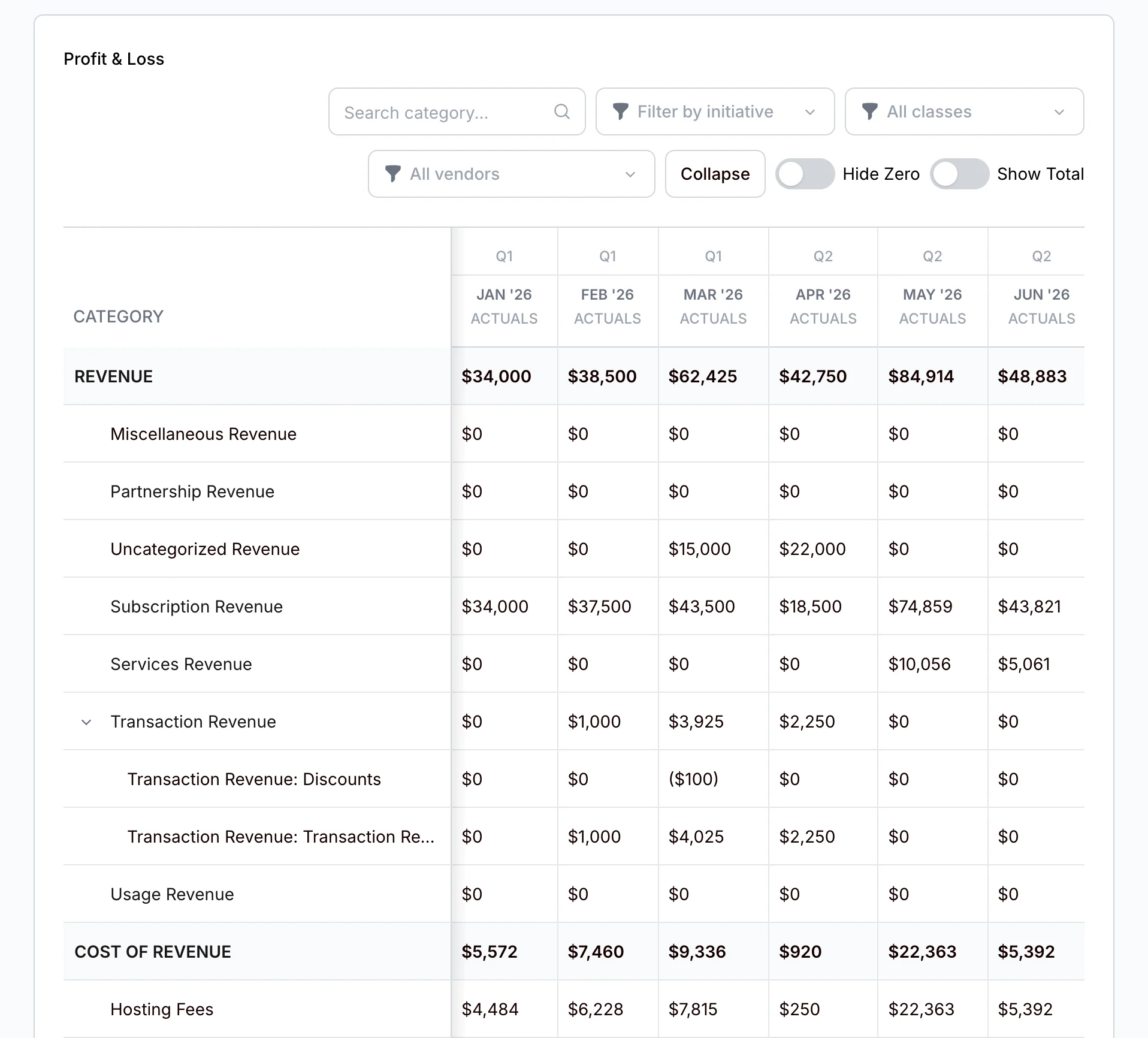 The Budget page's profit and loss table for a demo company: revenue and cost of revenue lines with six months of actuals, under filters for initiative, class and vendor